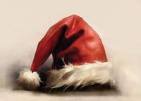 Watercolor of red Santa hat with white border on light background-7