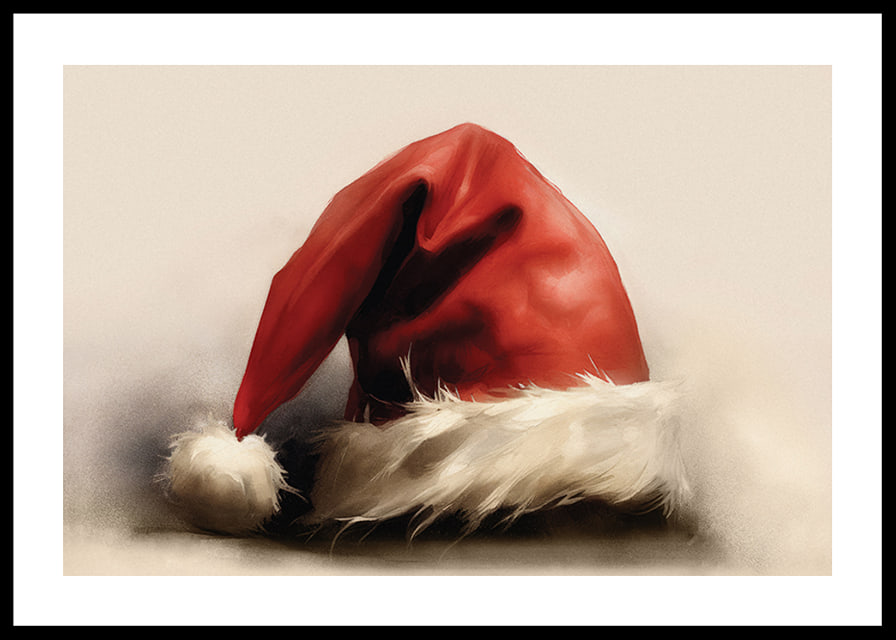 Watercolor of red Santa hat with white border on light background-12