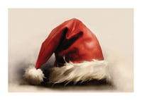 Watercolor of red Santa hat with white border on light background-1