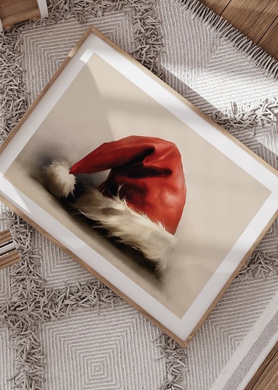 Watercolor of red Santa hat with white border on light background-12