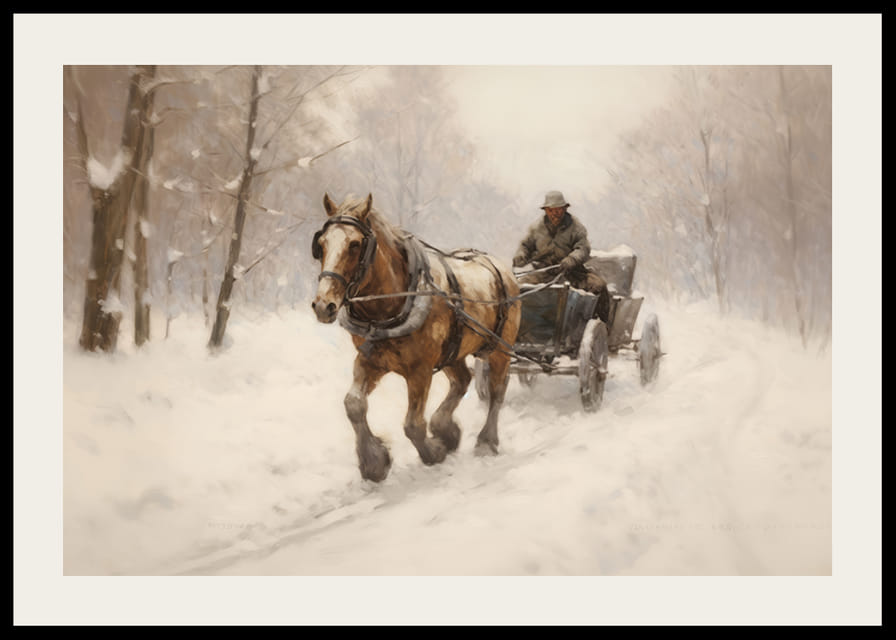 Akvarellmaleri av hest som trekker slede gjennom et snødekt vinterlandskap-12