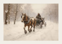 Akvarellmaleri av hest som trekker slede gjennom et snødekt vinterlandskap-3