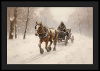 Akvarellmaleri av hest som trekker slede gjennom et snødekt vinterlandskap-4