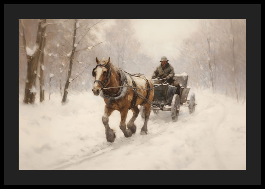 Akvarellmaleri av hest som trekker slede gjennom et snødekt vinterlandskap-12