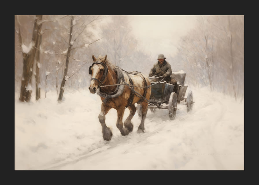 Akvarellmaleri av hest som trekker slede gjennom et snødekt vinterlandskap-12