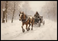 Akvarell av häst som drar släde genom snöigt vinterlandskap-6