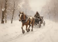 Akvarell av häst som drar släde genom snöigt vinterlandskap-7