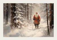 Akvarel Santa Clausa so zamestnancami v zasneženom lesnom prostredí-3