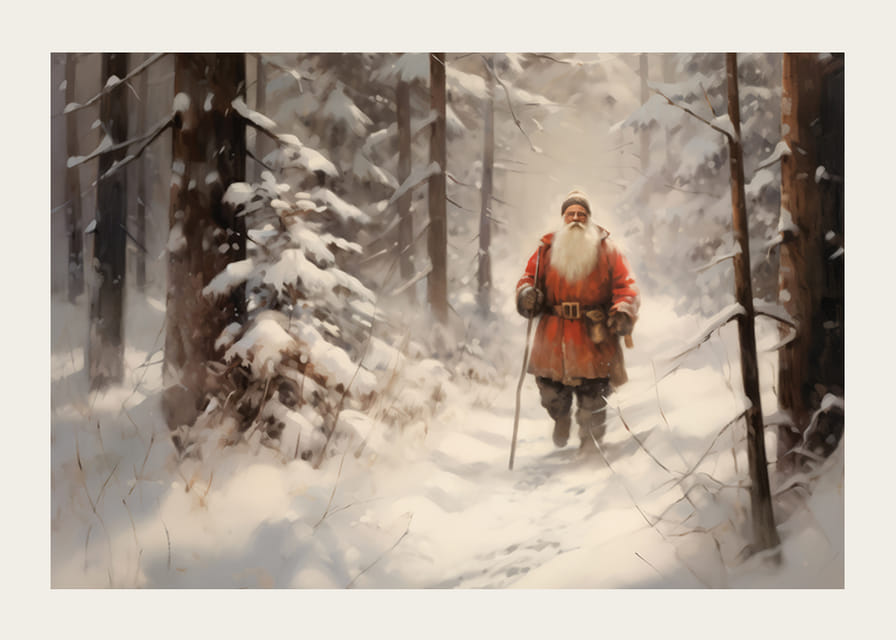 Akvarel Santa Clausa so zamestnancami v zasneženom lesnom prostredí-12