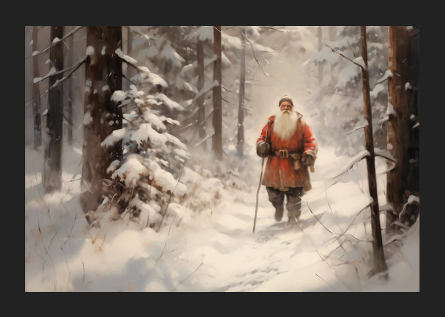 Akvarel Santa Clausa so zamestnancami v zasneženom lesnom prostredí-12