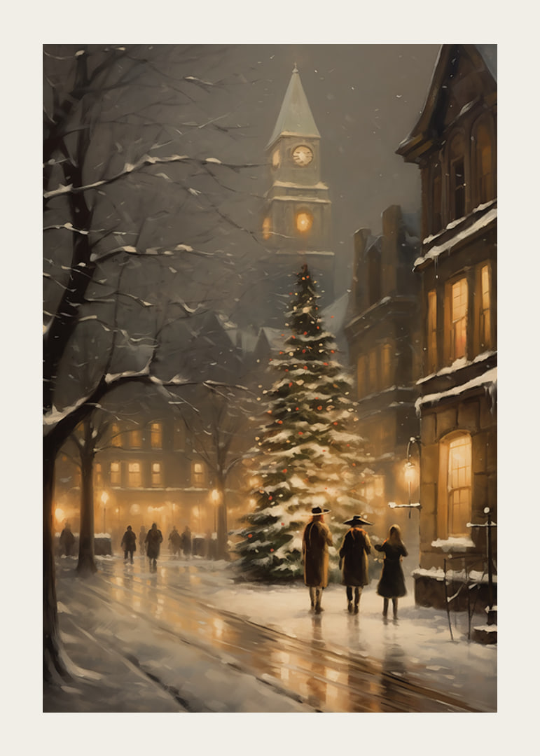Acquerello di una città decorata per Natale con abete e luci della sera invernale-12