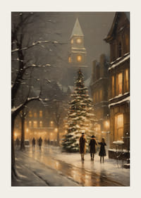 Akvarel vianočného zdobeného mesta s jedľou a zimnými večernými svetlami-3
