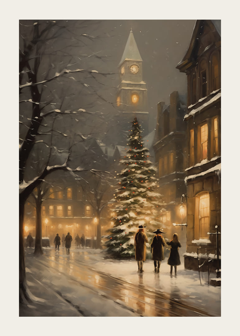 Akvarel vianočného zdobeného mesta s jedľou a zimnými večernými svetlami-12