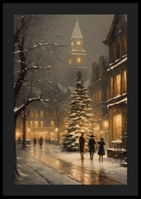 Akvarel vianočného zdobeného mesta s jedľou a zimnými večernými svetlami-4