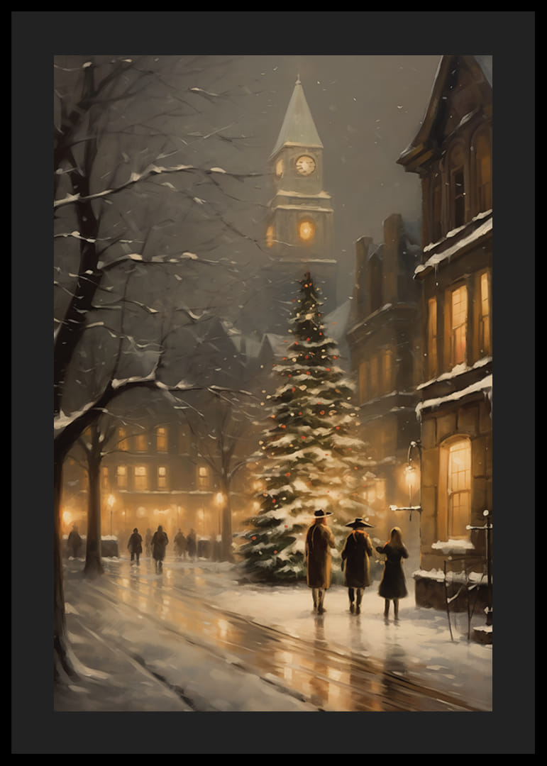 Akvarel vianočného zdobeného mesta s jedľou a zimnými večernými svetlami-12