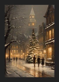 Acquerello di una città decorata per Natale con abete e luci della sera invernale-5