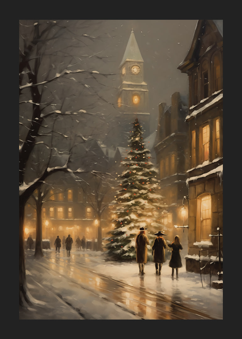 Acquerello di una città decorata per Natale con abete e luci della sera invernale-12