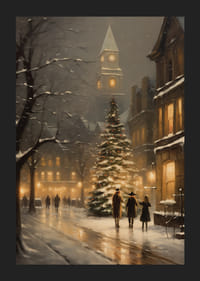 Akvarel vianočného zdobeného mesta s jedľou a zimnými večernými svetlami-5