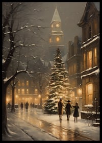 Acquerello di una città decorata per Natale con abete e luci della sera invernale-6