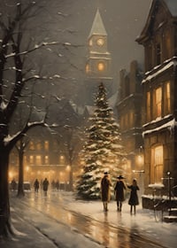 Acquerello di una città decorata per Natale con abete e luci della sera invernale-7