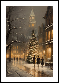 Acquerello di una città decorata per Natale con abete e luci della sera invernale-0
