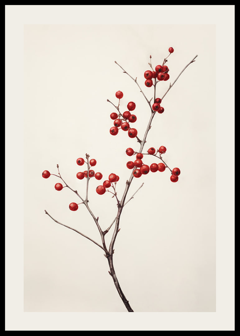 Branch with red berries against light beige background, photographic-12