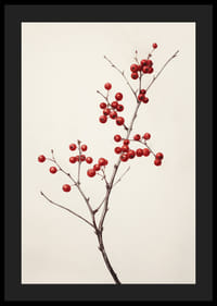 Branch with red berries against light beige background, photographic-4