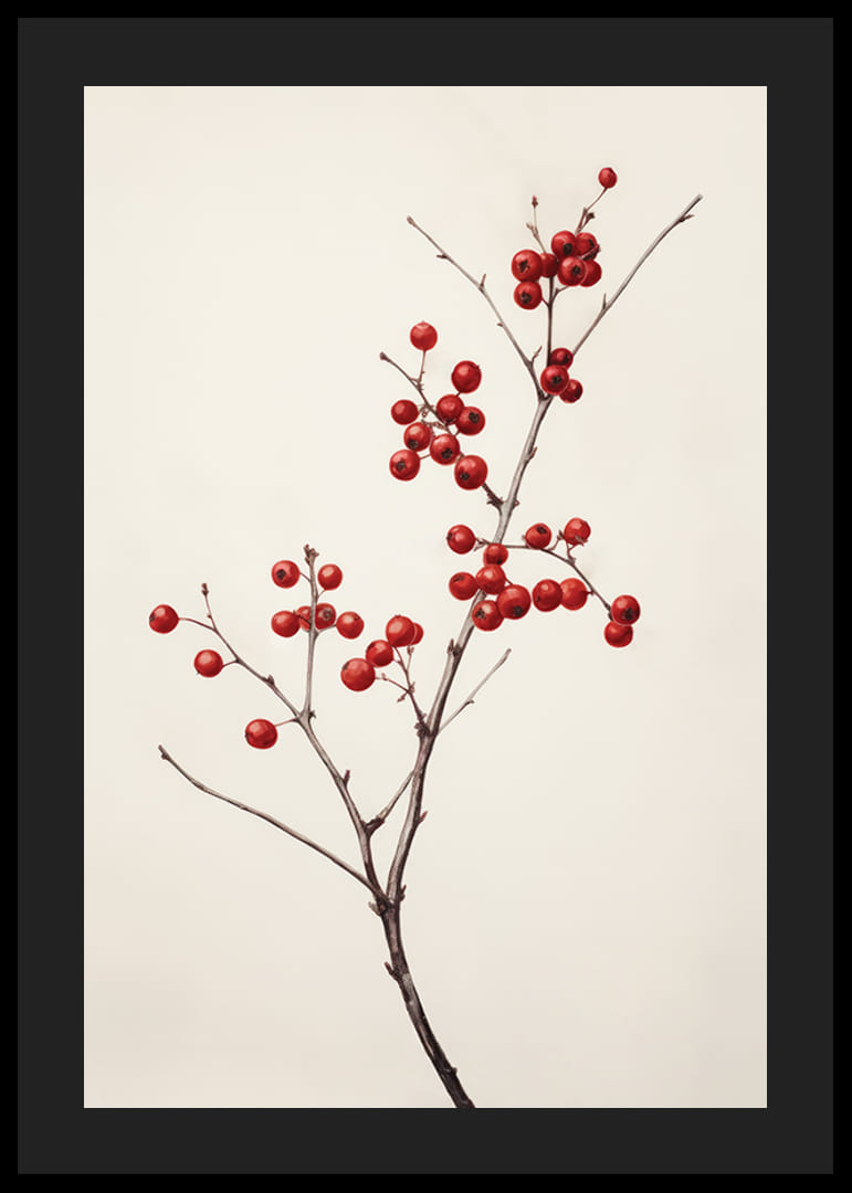 Branch with red berries against light beige background, photographic-12