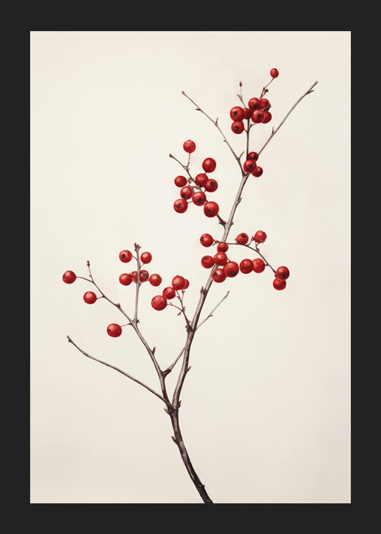 Branch with red berries against light beige background, photographic-12