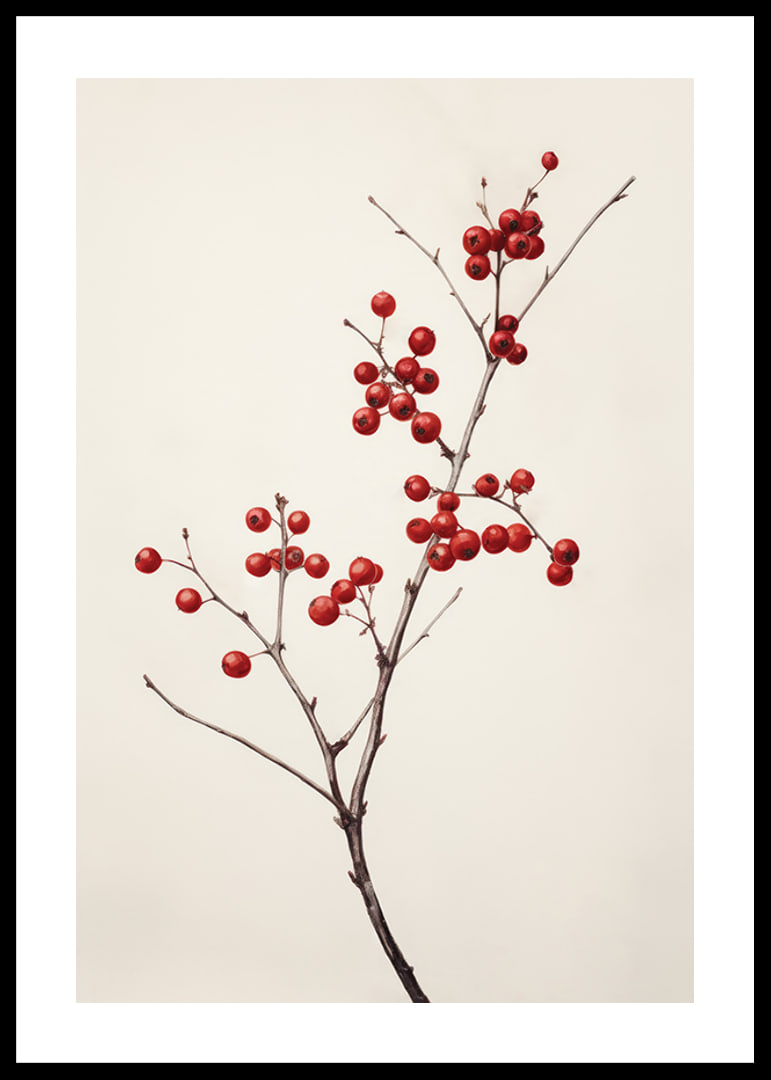 Branch with red berries against light beige background, photographic-12