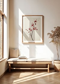 Branch with red berries against light beige background, photographic-8