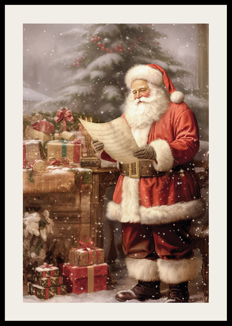 Watercolor of Santa Claus reading wish list by tree and packages-12