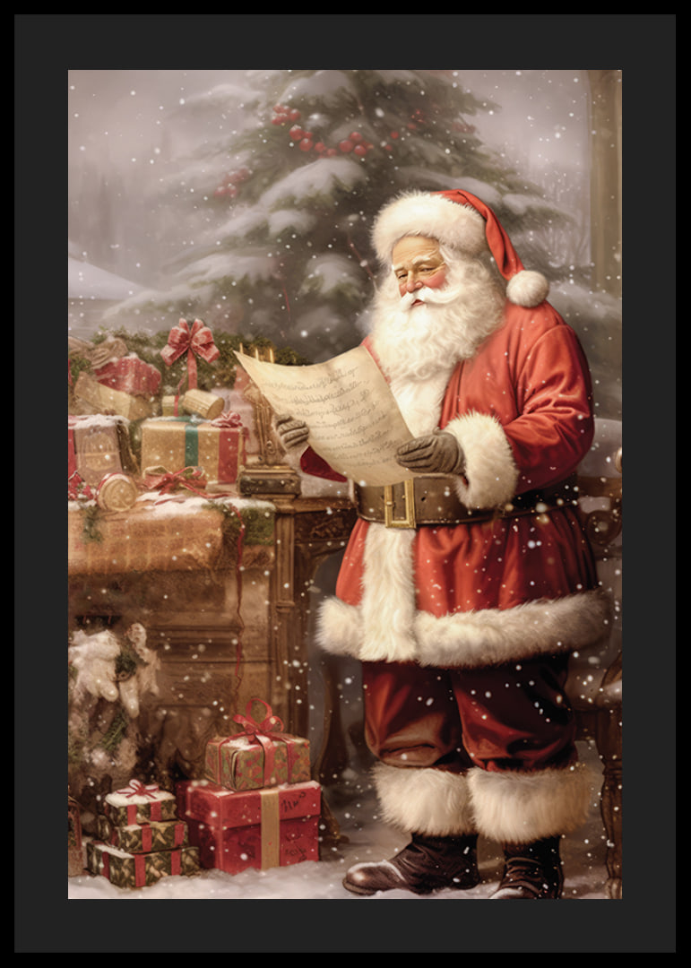 Watercolor of Santa Claus reading wish list by tree and packages-12