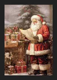 Watercolor of Santa Claus reading wish list by tree and packages-5