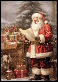 Watercolor of Santa Claus reading wish list by tree and packages-6