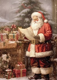 Watercolor of Santa Claus reading wish list by tree and packages-7