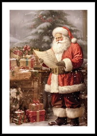 Watercolor of Santa Claus reading wish list by tree and packages-0
