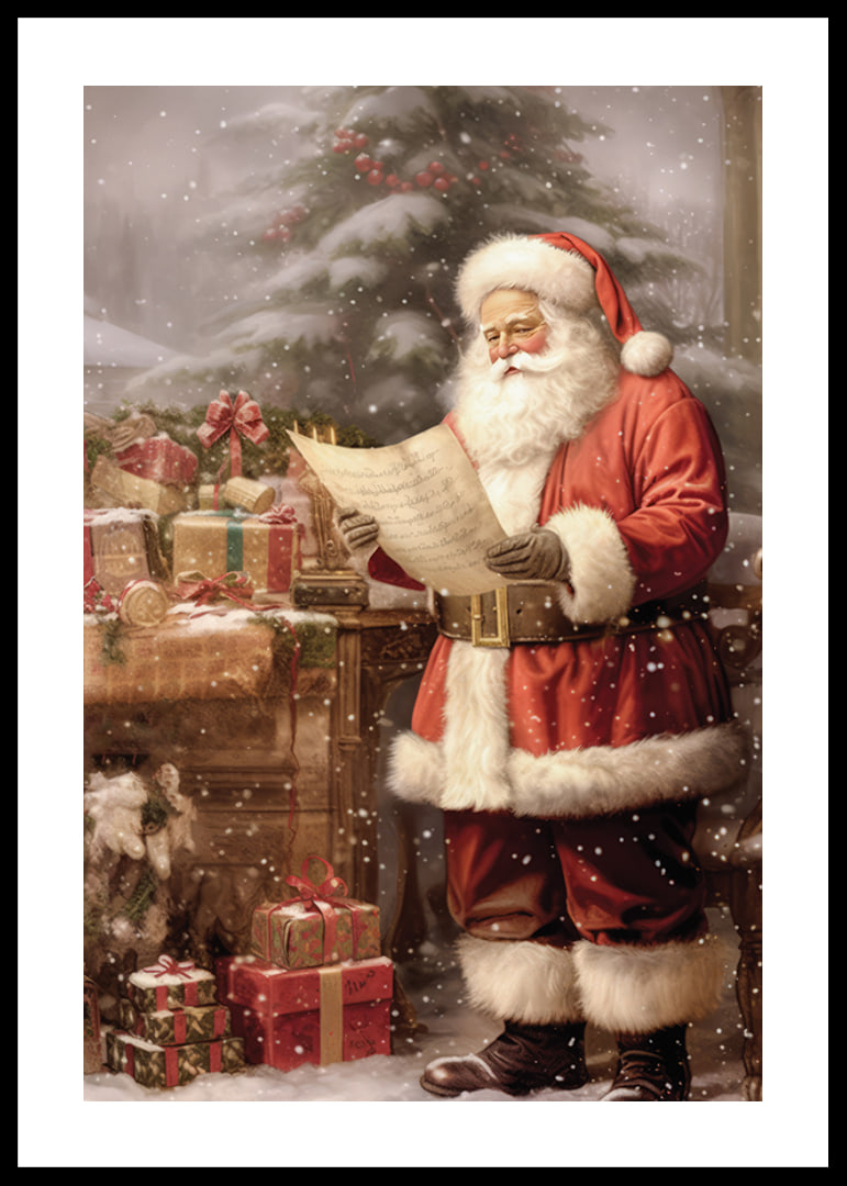 Watercolor of Santa Claus reading wish list by tree and packages-12