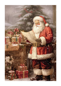 Watercolor of Santa Claus reading wish list by tree and packages-1