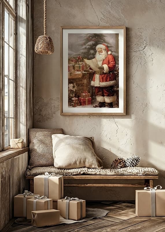 Watercolor of Santa Claus reading wish list by tree and packages-12