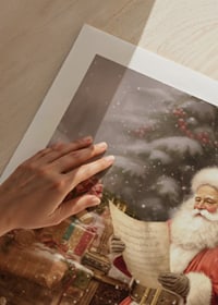 Watercolor of Santa Claus reading wish list by tree and packages-9