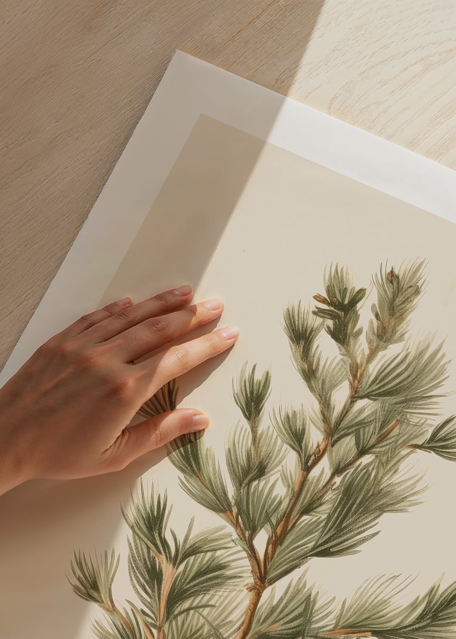 Illustrerad grön tallkvist mot ljus beige bakgrund-12