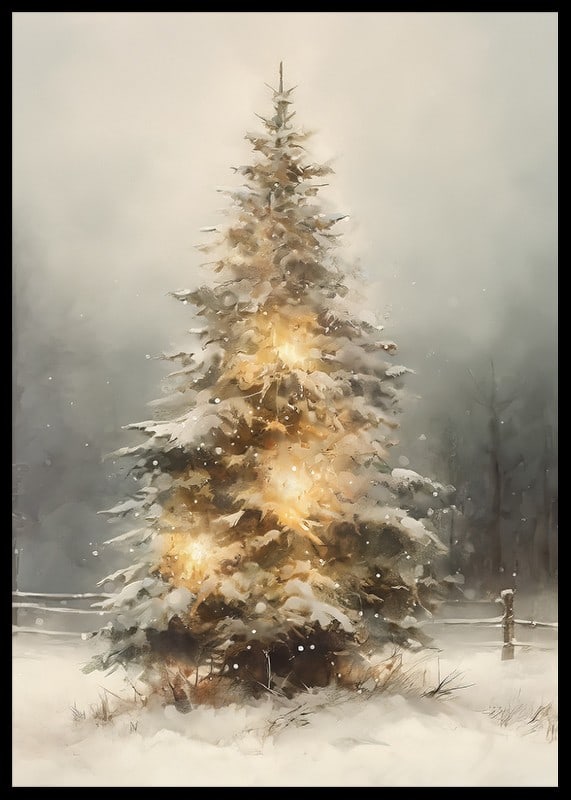 Illustrated fir tree with snow and warm lights in winter landscape-12