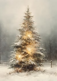 Illustrated fir tree with snow and warm lights in winter landscape-7