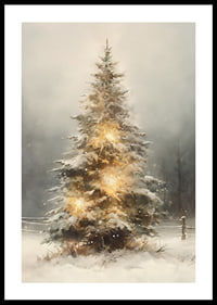 Illustrated fir tree with snow and warm lights in winter landscape-0
