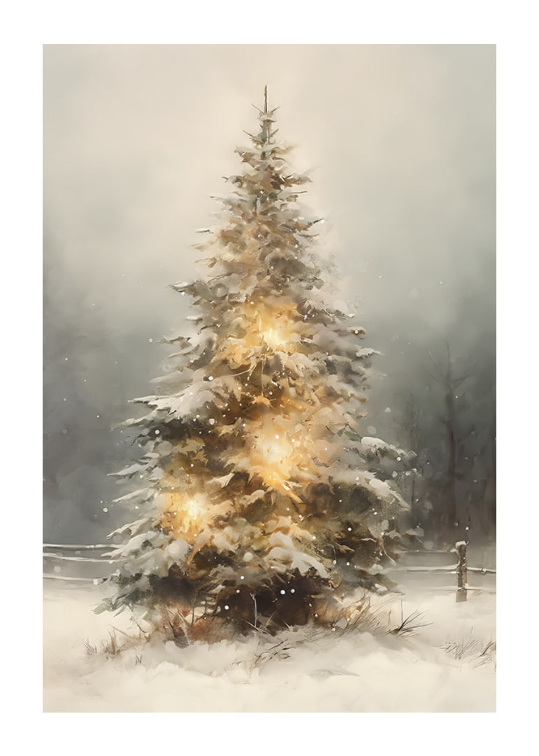 Illustrated fir tree with snow and warm lights in winter landscape-12