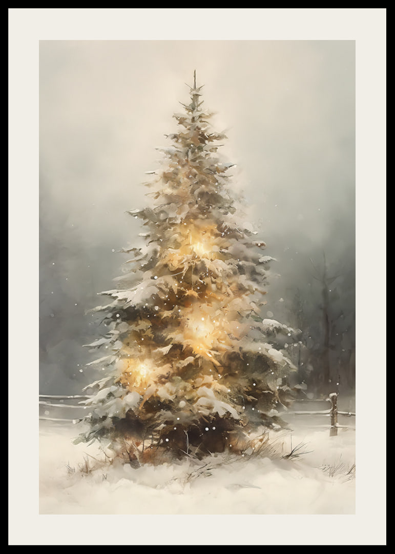 Illustrated fir tree with snow and warm lights in winter landscape-12