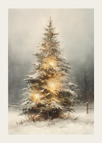 Illustrated fir tree with snow and warm lights in winter landscape-3
