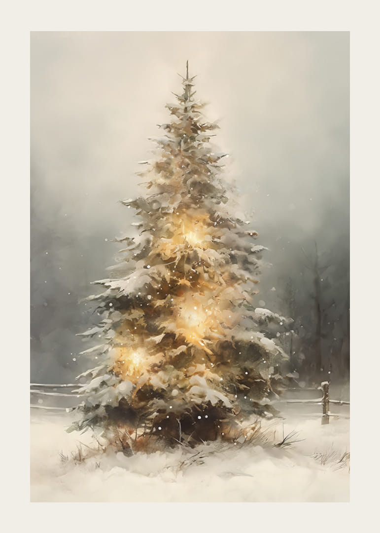 Brad ilustrat cu zăpadă și lumini calde în peisajul de iarnă-12
