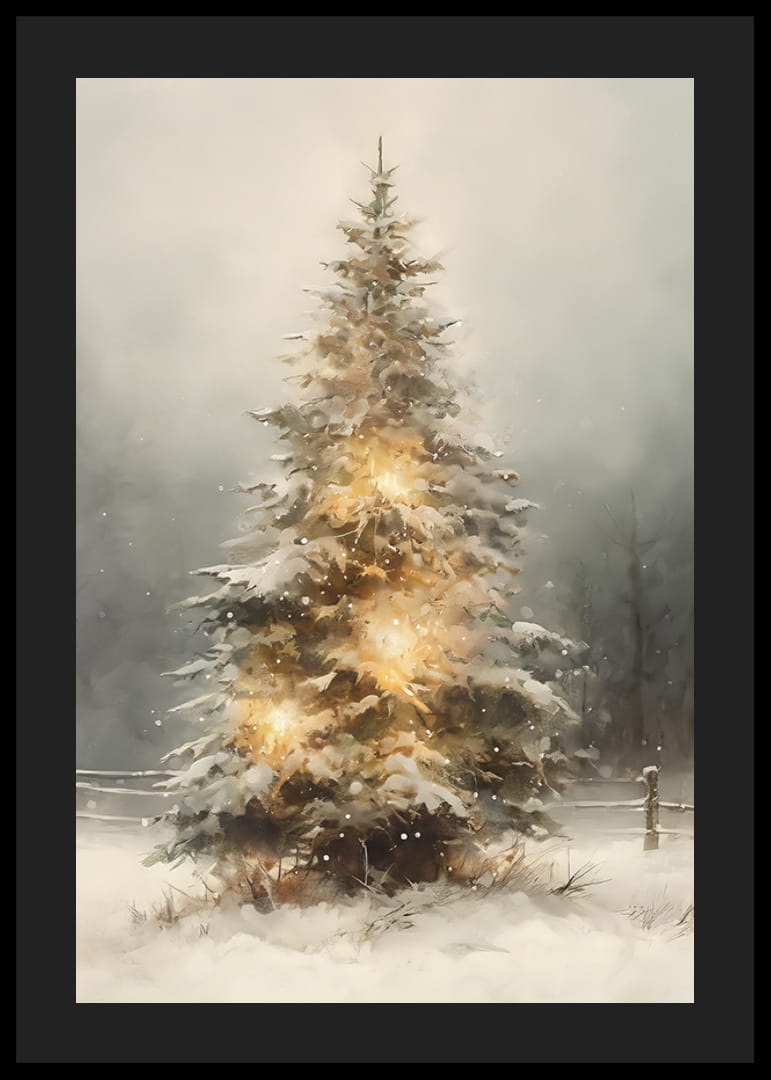 Brad ilustrat cu zăpadă și lumini calde în peisajul de iarnă-12